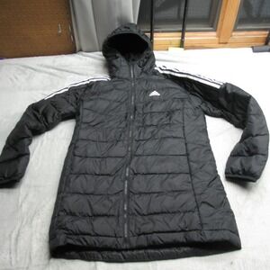 Adidas Down Parka Womens Medium Black Hooded Essentials Jacket Winter Full Zip